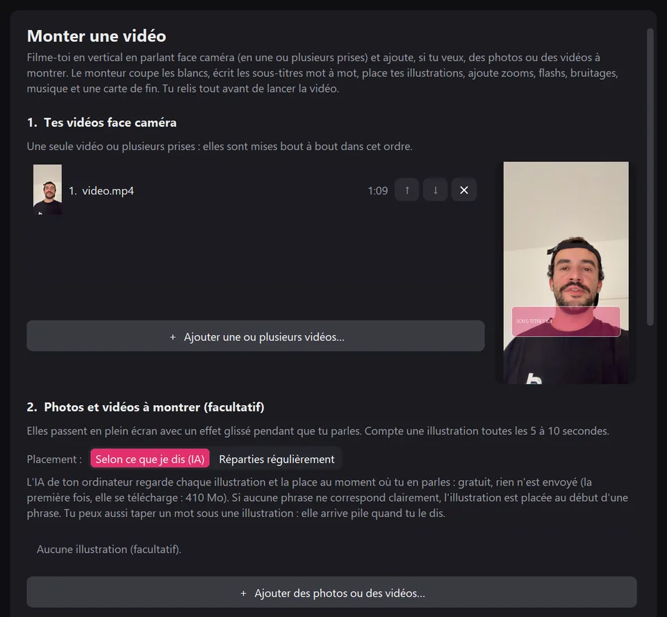 Fenêtre «&nbsp;Monter une vidéo&nbsp;» du Studio : la vidéo face caméra ajoutée avec son aperçu, puis la zone des photos et vidéos à montrer